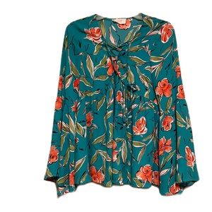 Peach Love, Long Bell Sleeves, Tie Up Neckline, Floral Print Top, Multi, S